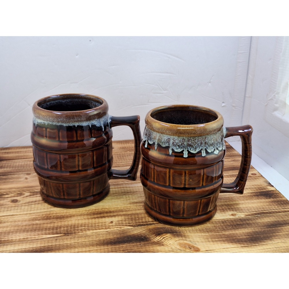 X2 Vintage Drip‎ Glaze Barrel Beer Drinking Cup Mug No Marking 5" Set Lot X2